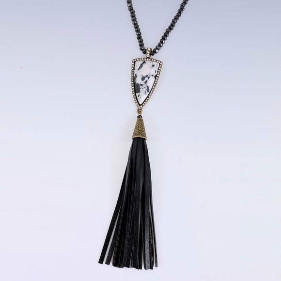 Panacea Triangle Howlite Stone & Black Leather Tassel Pendant Necklace - Picture 1 of 2